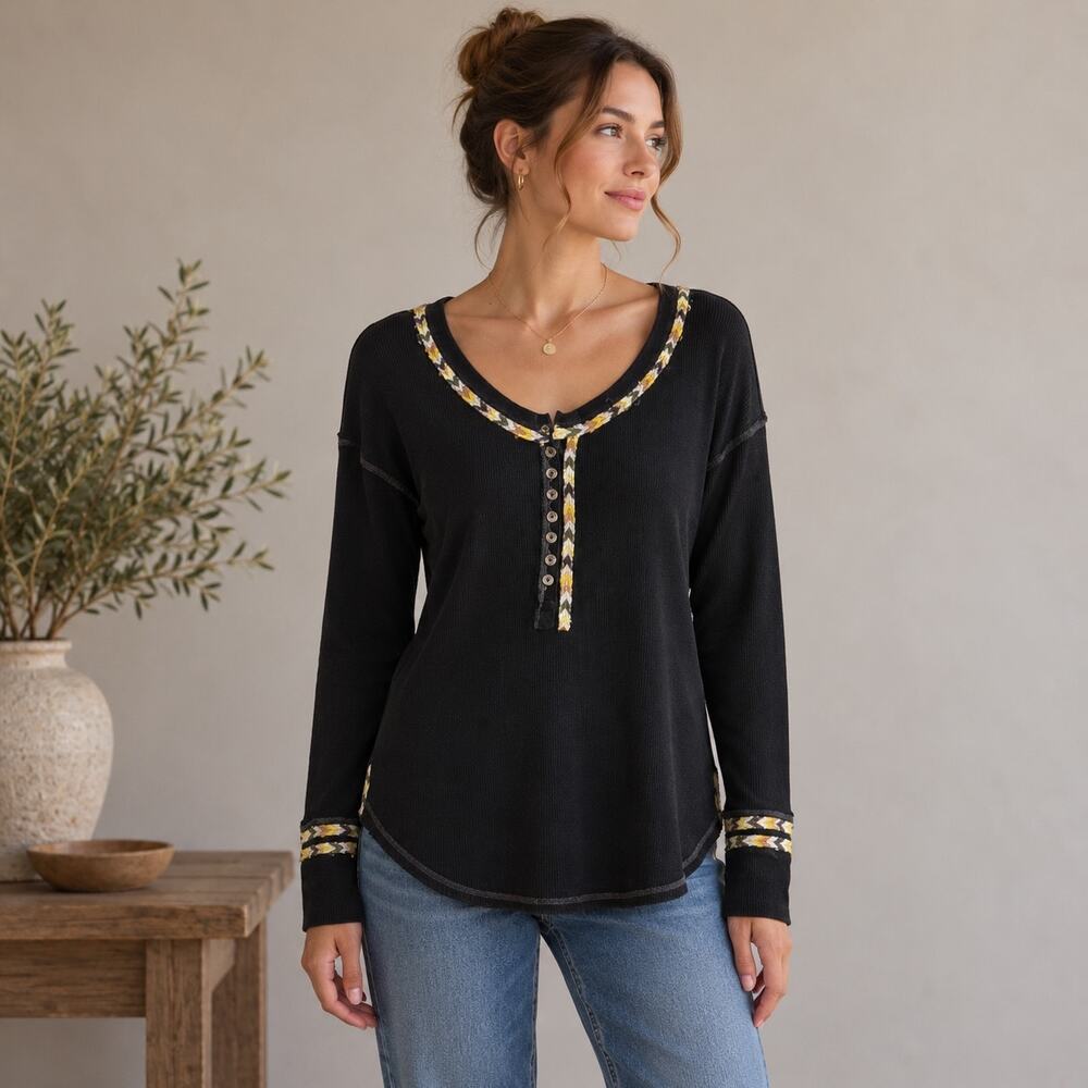 Free People Black Embroidered Thermal Top Small